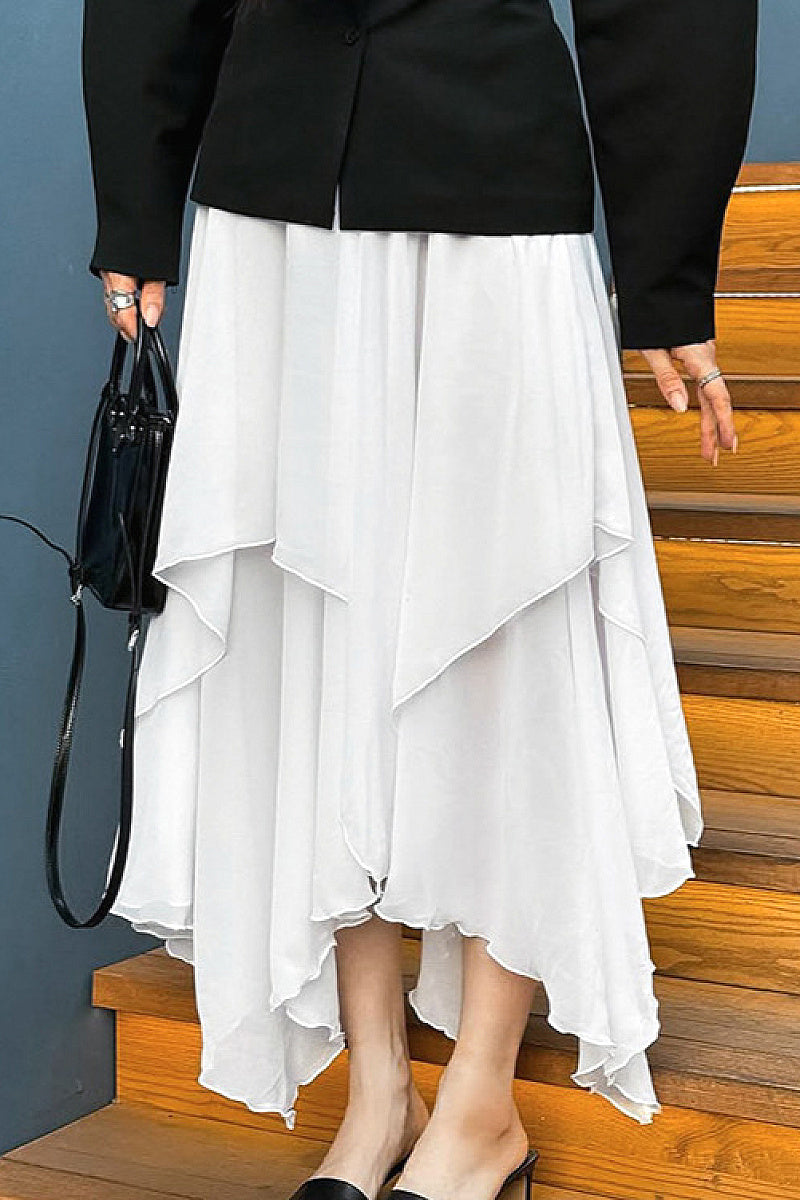 Elegant White Ruffled Chiffon Midi Skirt