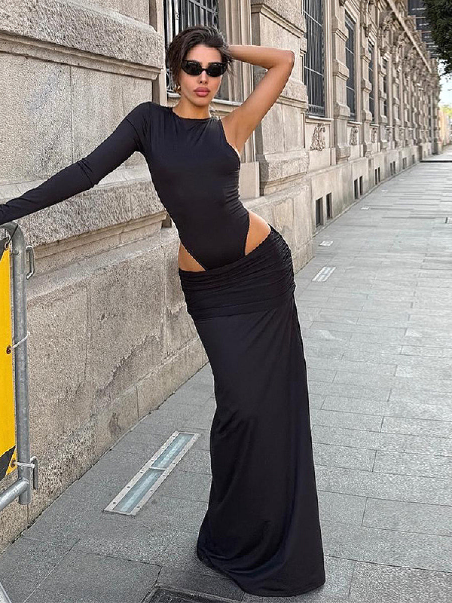 Chic Street Style Long Sleeve Split Skirt Set