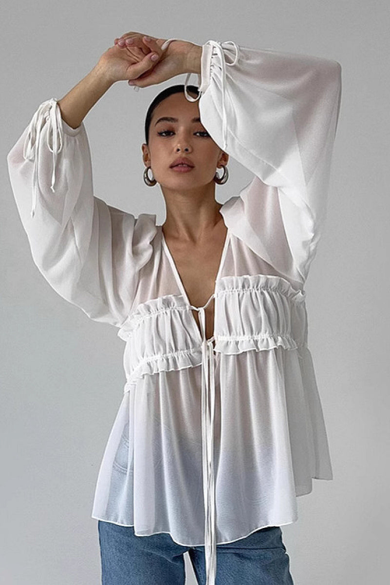 Chiffon Ruffle Tie Shirt for Women