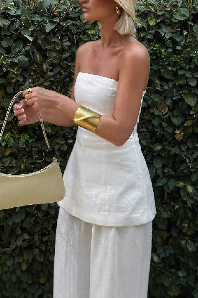 Chic Strapless Top and High Waist Wide Leg Set