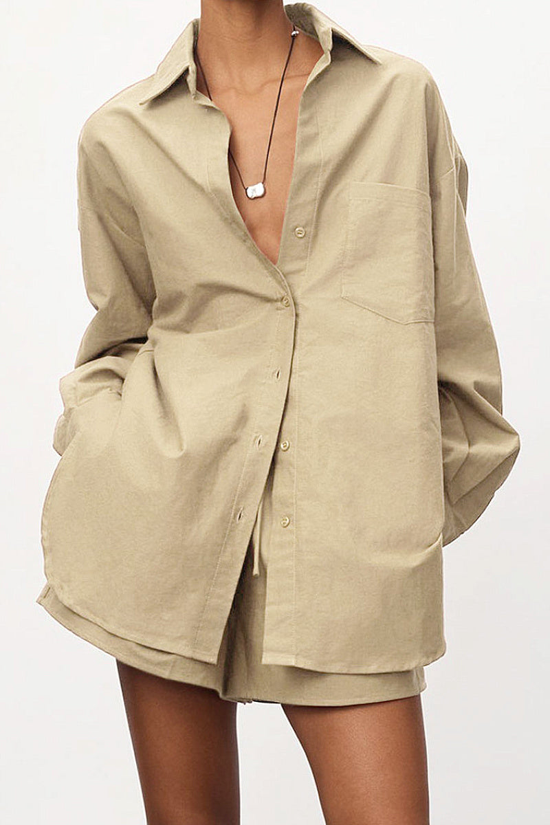Chic Cotton-Linen Long Sleeve Shirt and Shorts Set