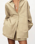 Chic Cotton-Linen Long Sleeve Shirt and Shorts Set