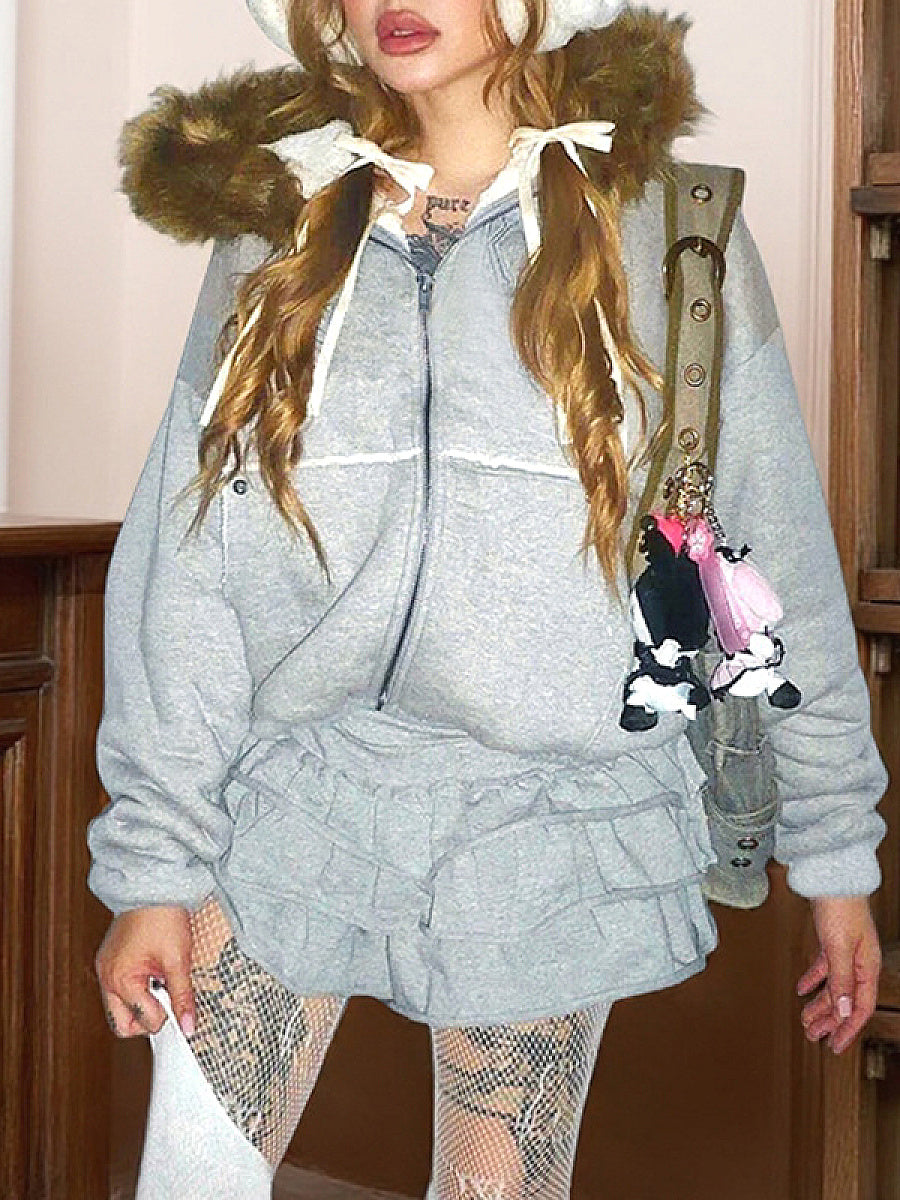 Black Hooded Sweatshirt with Fur Collar for Women