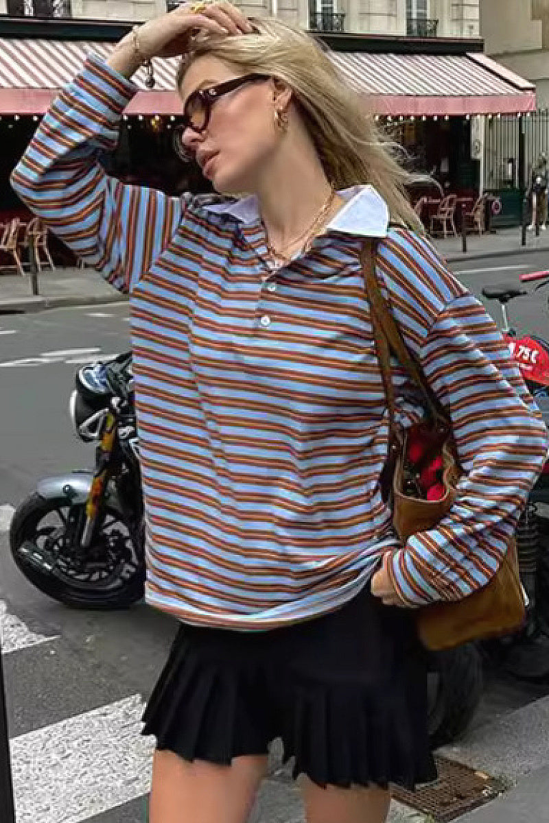 V-Neck Color Block Striped Long Sleeve T-Shirt