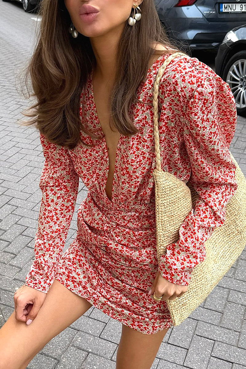 French Vintage Floral Deep V Long Sleeve Dress