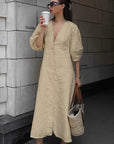 Casual Loose Cotton Linen Dress with Puff Sleeves