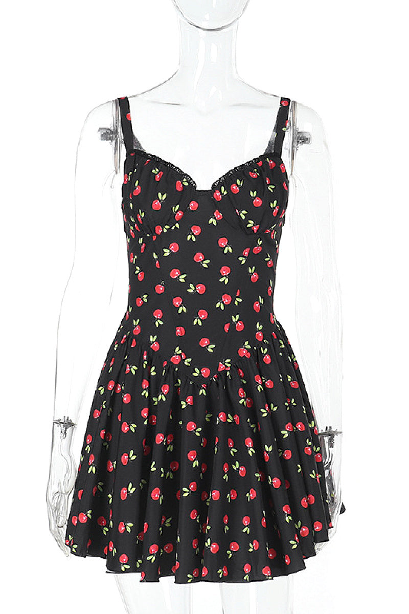 Cherry Print Lace Cup Dress for Summer Beach