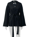 Casual French Style V-Neck Tie Black Jacket
