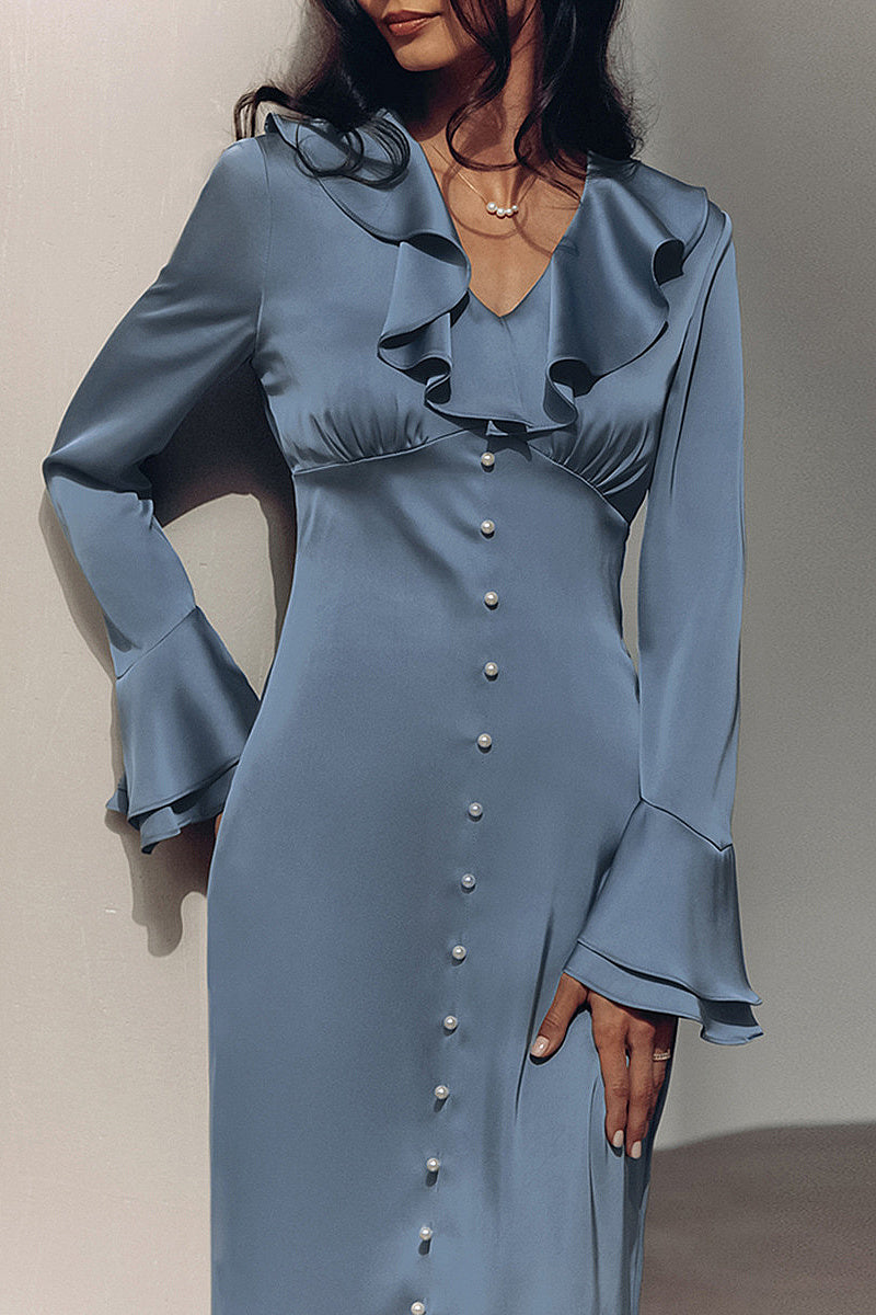 Spring French Blue Satin Dress with Ruffles
