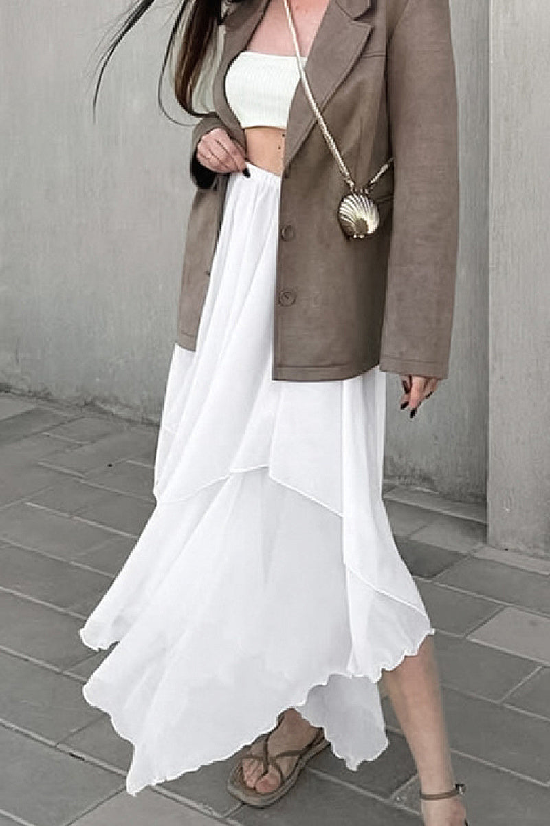 Elegant White Ruffled Chiffon Midi Skirt
