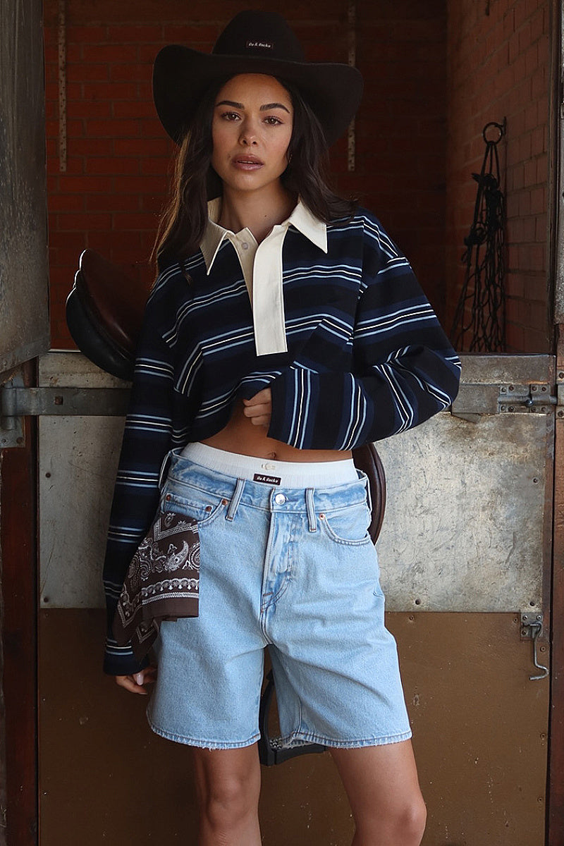 Spring Loose Striped Polo Neck Long Sleeve Top