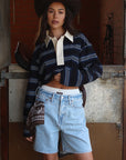 Spring Loose Striped Polo Neck Long Sleeve Top