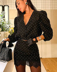 Fashionable Casual Dot V-Neck Set with Short Skirt