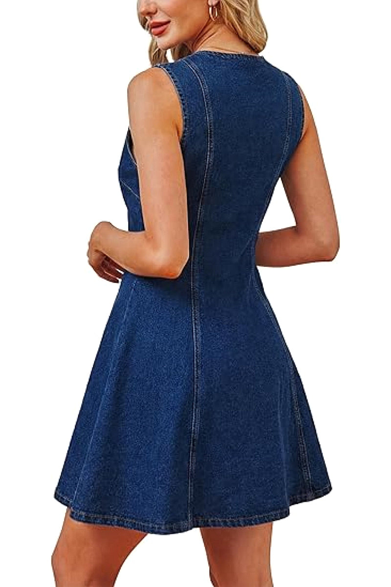 Women's Elegant Sleeveless Denim Dress with Pockets