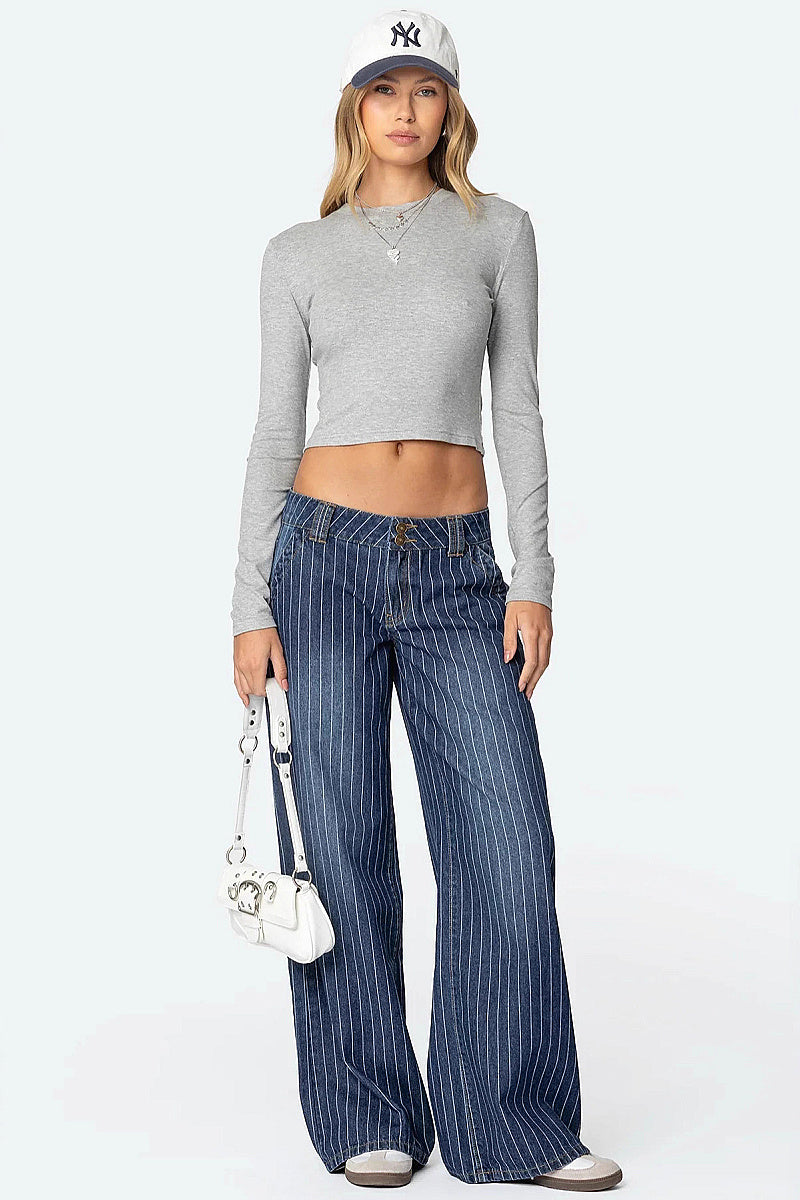 Blue Striped Loose Fit Wide Leg Jeans