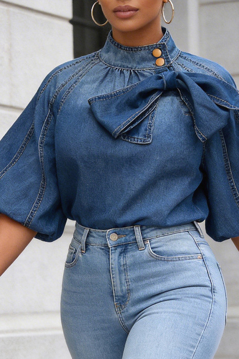 Lightweight Loose Women's Denim Shirt with Bow