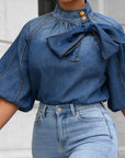 Lightweight Loose Women's Denim Shirt with Bow