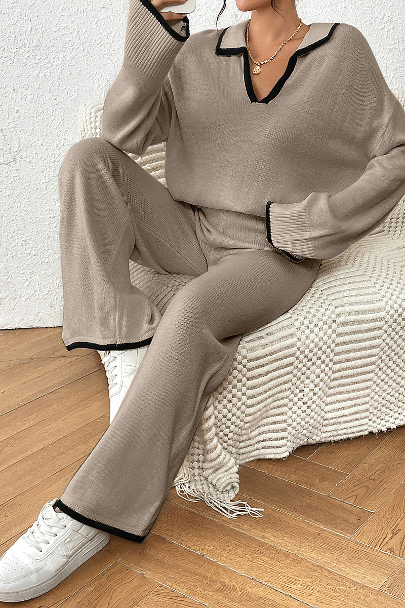 Trendy Color Block Polo Neck Sweater and Pants Set