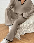 Trendy Color Block Polo Neck Sweater and Pants Set