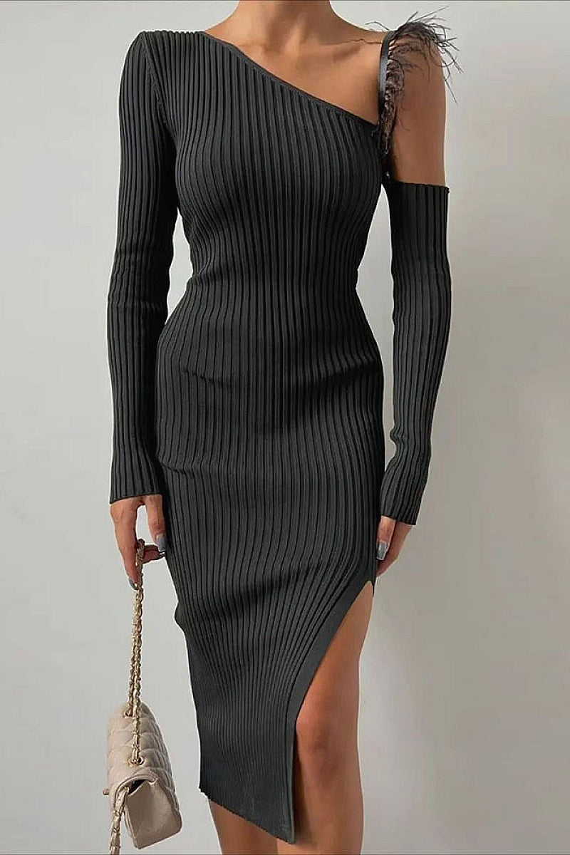 Stylish Long Sweater Dress with Asymmetrical Neck