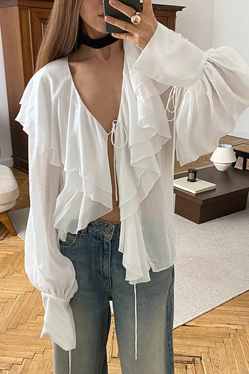 French Design Ruffled Puff Sleeve V-Neck Chiffon Cardigan