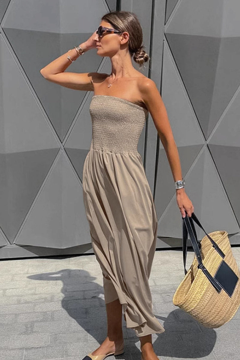 Elegant Strapless A-Line Dress in Khaki