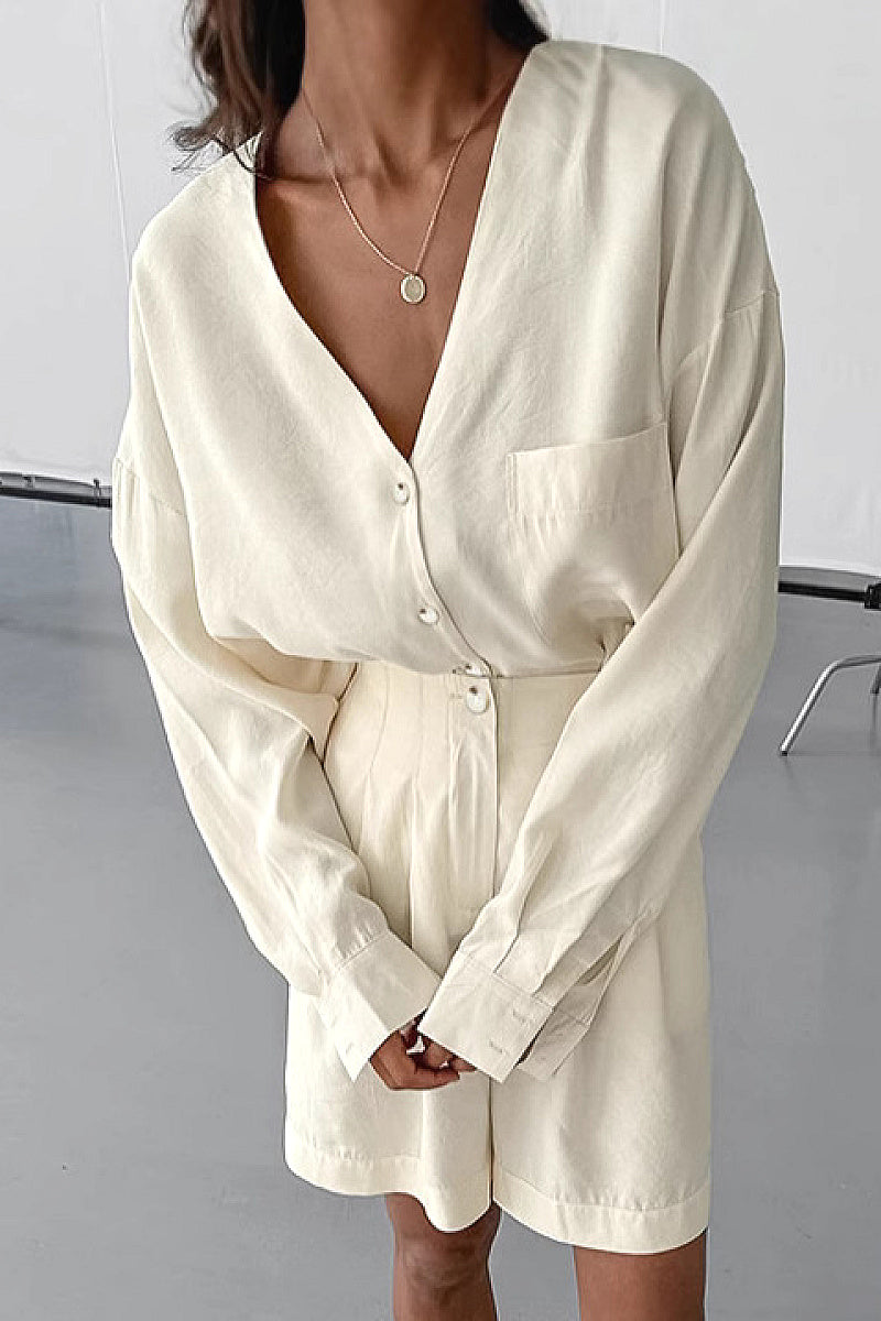Chic Khaki V-Neck Shirt and Shorts Set
