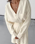 Chic Khaki V-Neck Shirt and Shorts Set