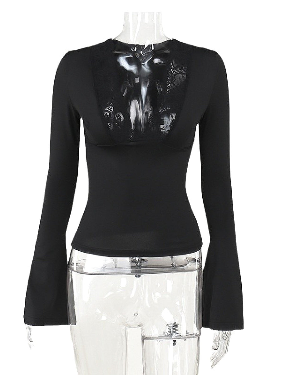 Sexy Lace Trim Deep V Neck Long Sleeve Top
