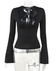 Sexy Lace Trim Deep V Neck Long Sleeve Top