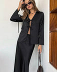 Elegant V-Neck Tie Top and Long Skirt Set