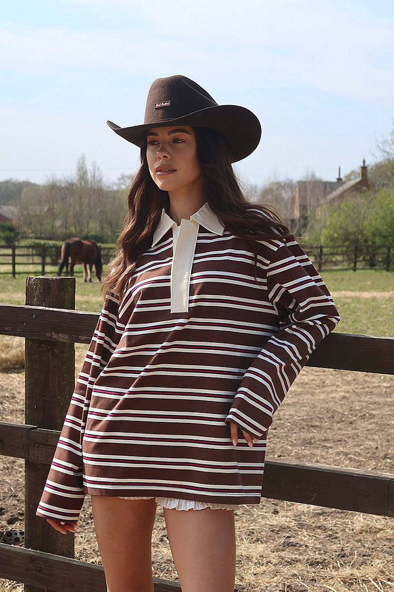 Spring Loose Striped Polo Neck Long Sleeve Top