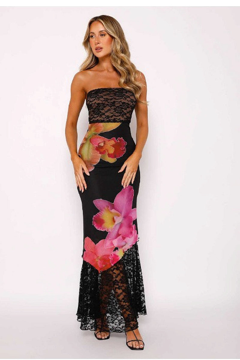 Chic Strapless Lace Trim Printed Dress