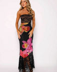 Chic Strapless Lace Trim Printed Dress