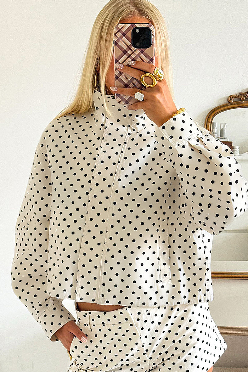 Chic White Polka Dot Stand Collar Jacket for Women