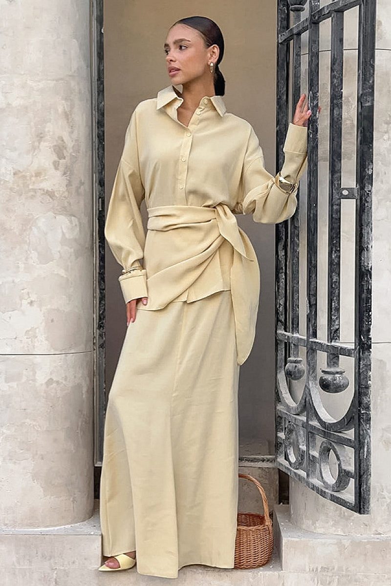 Elegant Beige French Long Dress Set for Women