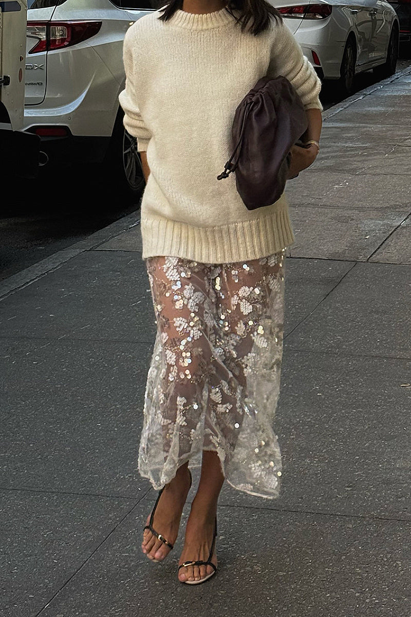 Summer Sequined Lace Midi Skirt with Slit