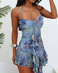 Sexy Floral Ruffle Neck Backless Mini Dress