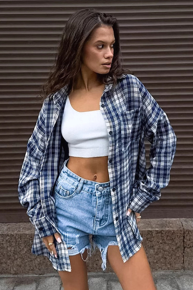 Casual Blue Plaid Shirt for Women