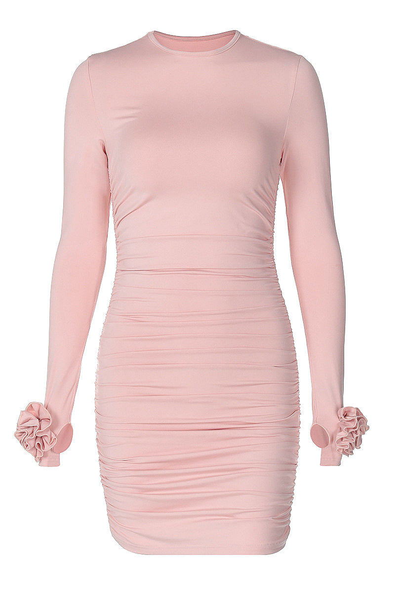 Fashionable Slim Fit Side Ruffled Long Sleeve Dress