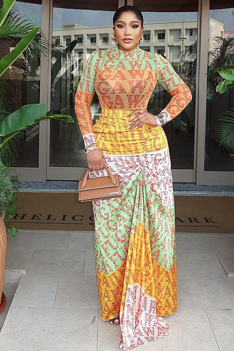 Elegant Printed Long Sleeve Bodycon Dress