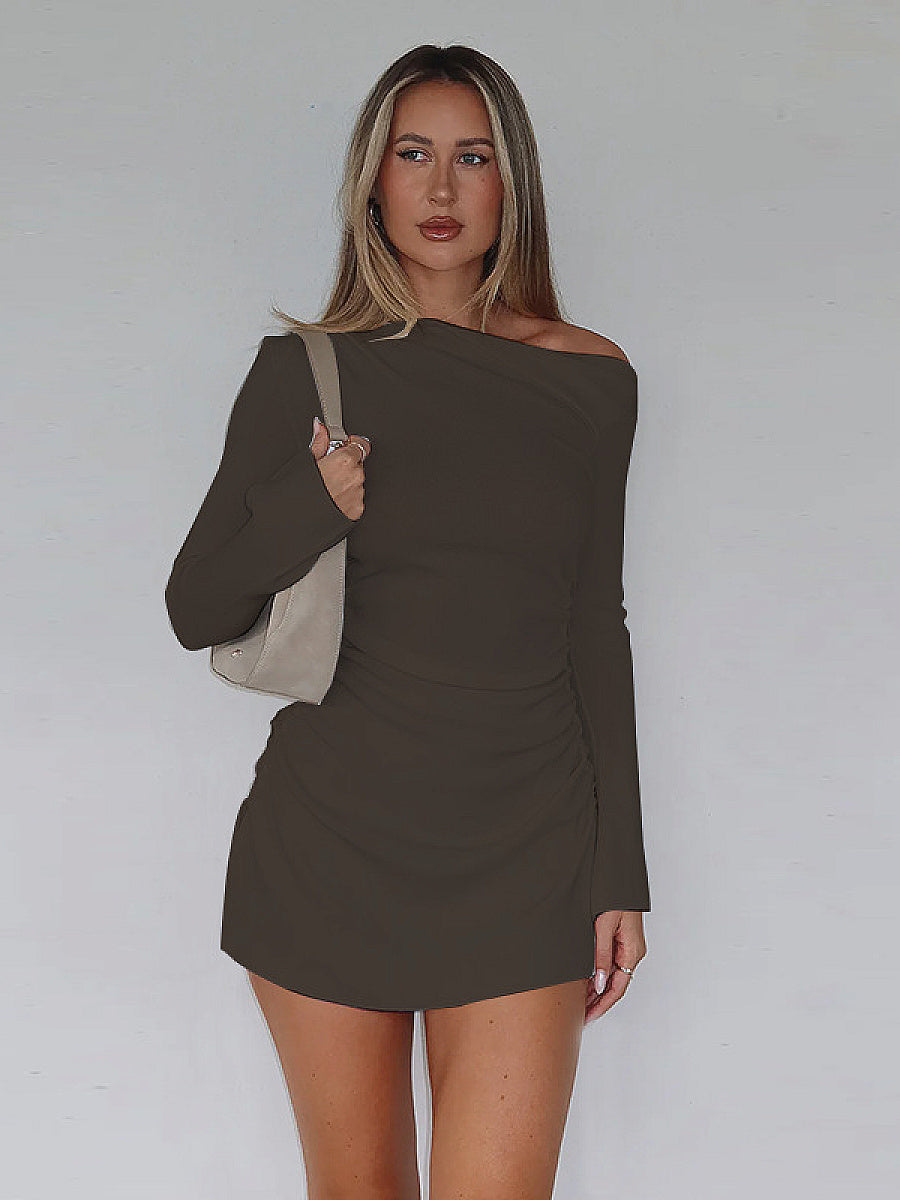 Off Shoulder Long Sleeve Drawstring Mini Dress