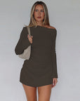Off Shoulder Long Sleeve Drawstring Mini Dress