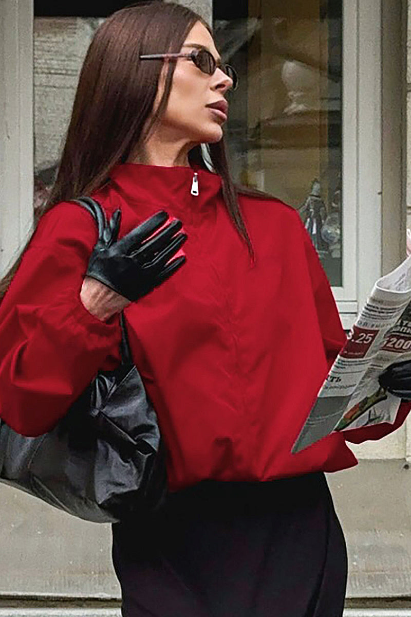 Stylish Red Stand Collar Zipper Windbreaker