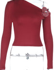 Retro Burgundy Rose Off-Shoulder T-Shirt for Women