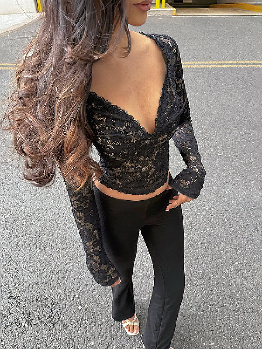 Chic Lace V-Neck Sheer Top for Fall