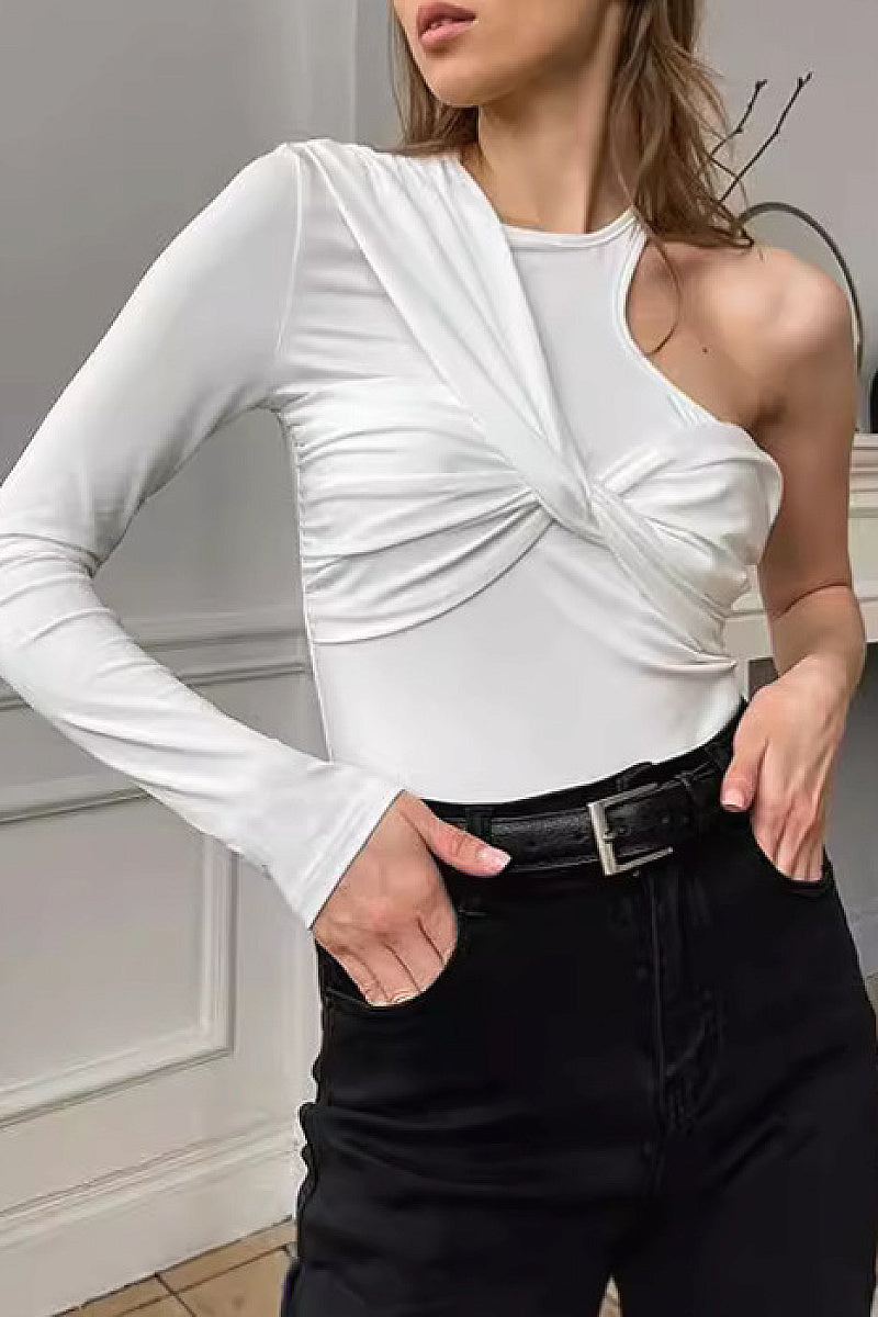 French Style One-Shoulder Slim Fit Long Sleeve Top