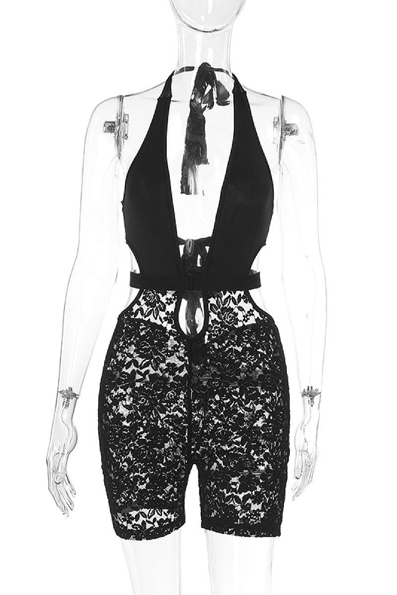 Spring New Sexy Lace Deep V Jumpsuit