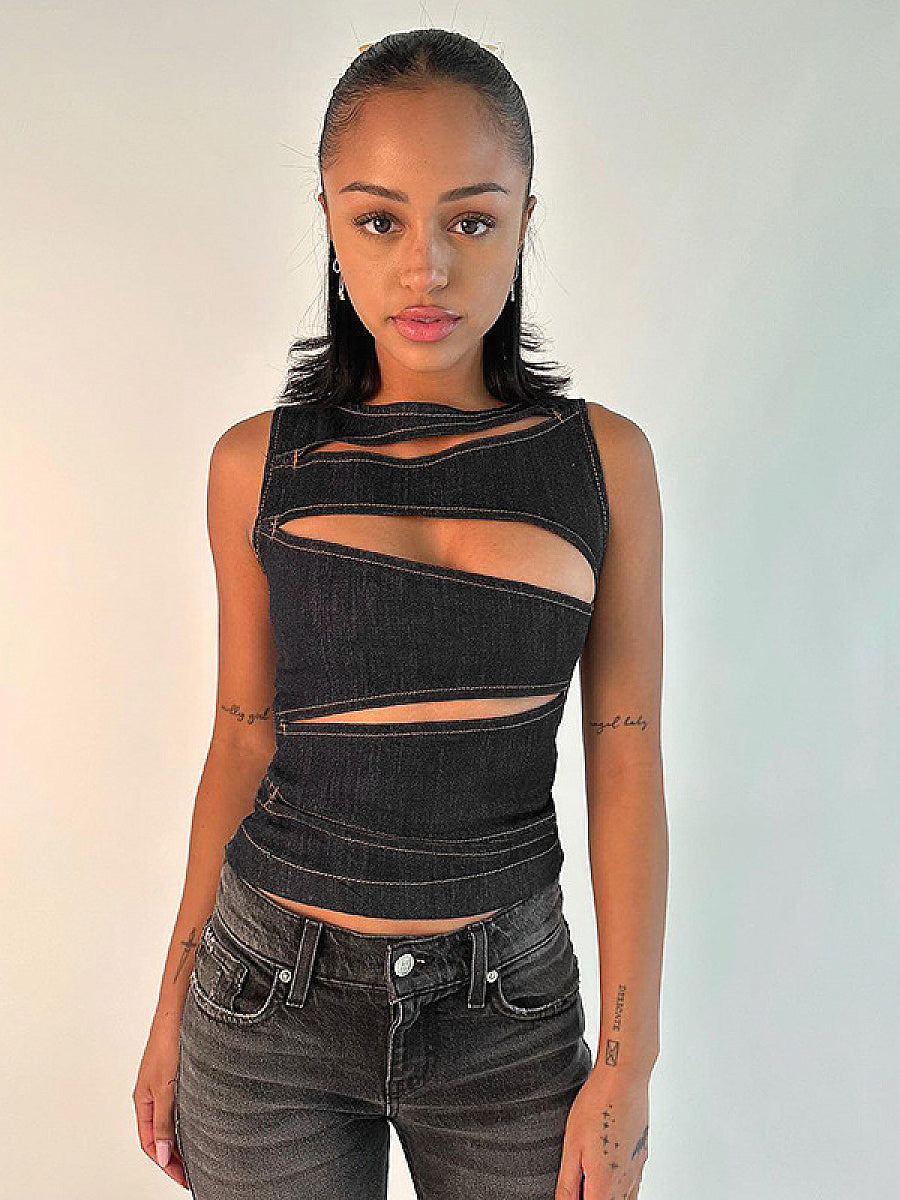 Summer Women's Sexy Hollow Denim Vest Top