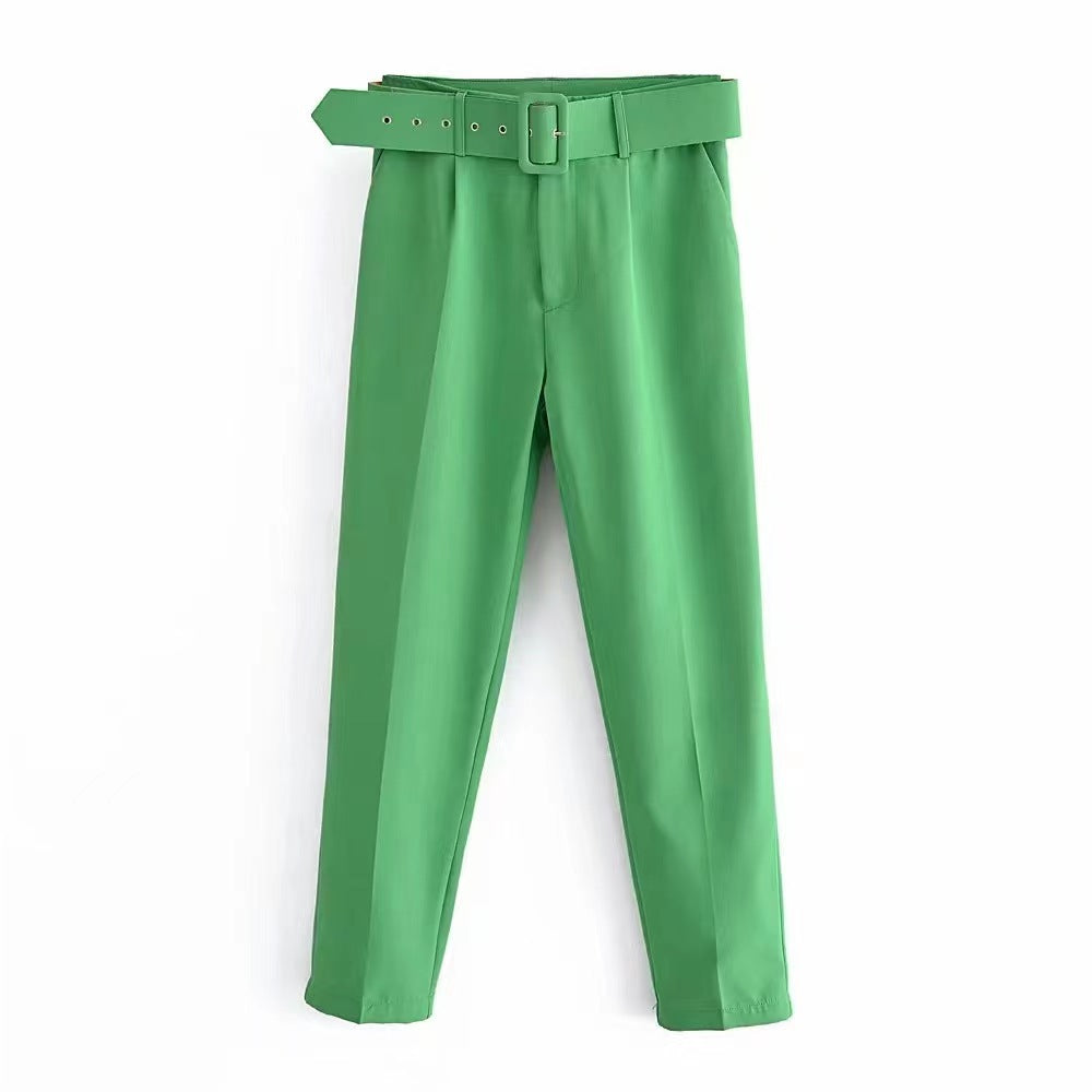 Casual High Waist Straight Leg Pants with Belt